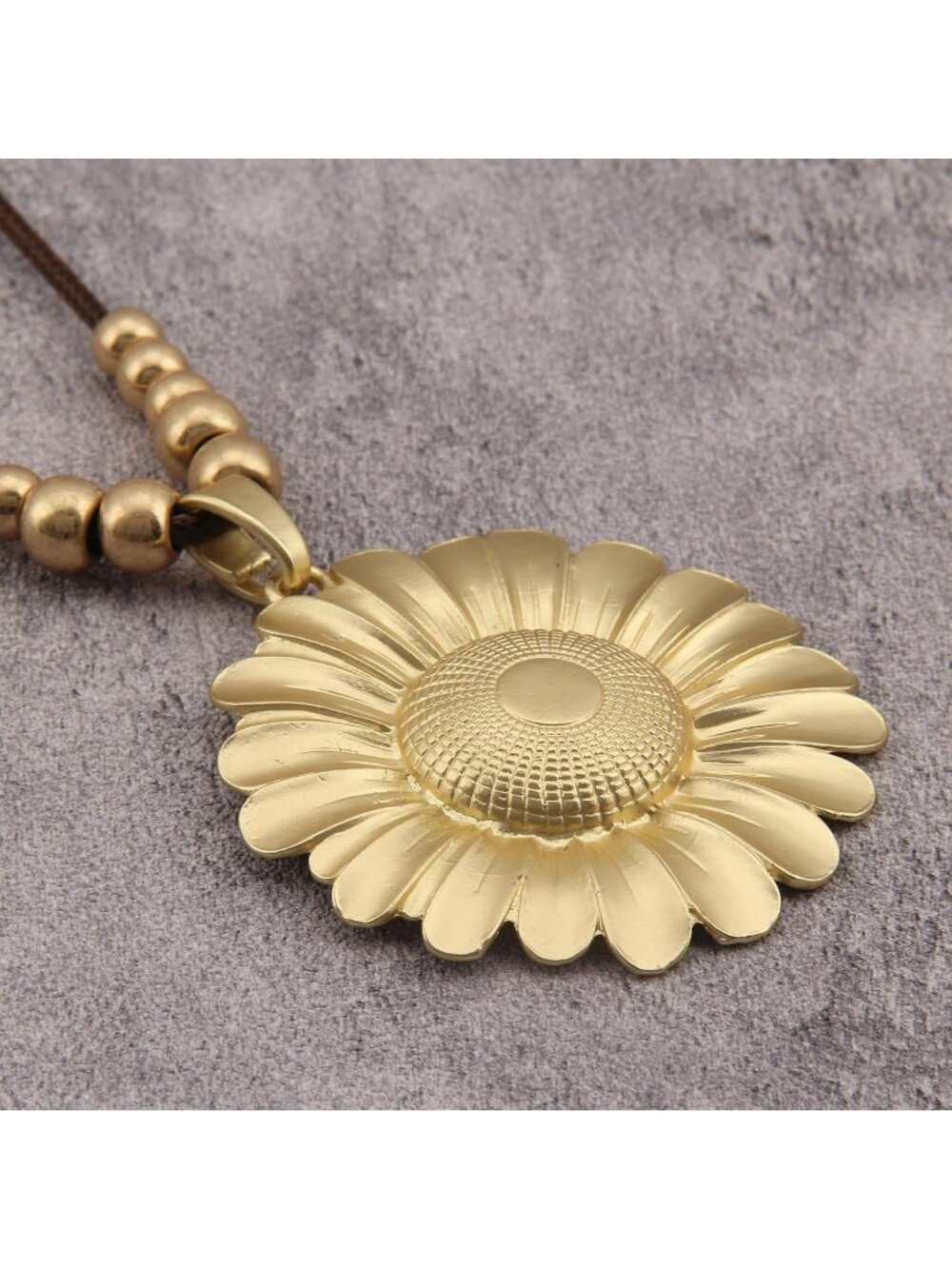 Women's Sunflower Pendant Necklace Boho Matte Gold Floral Long Cord Jewelry - Picture 3 of 7